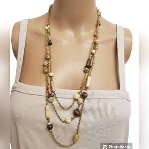 VINTAGE LAYERED GOLDTONED & NEUTRAL MIXED BEAD BOHO NECKLACE